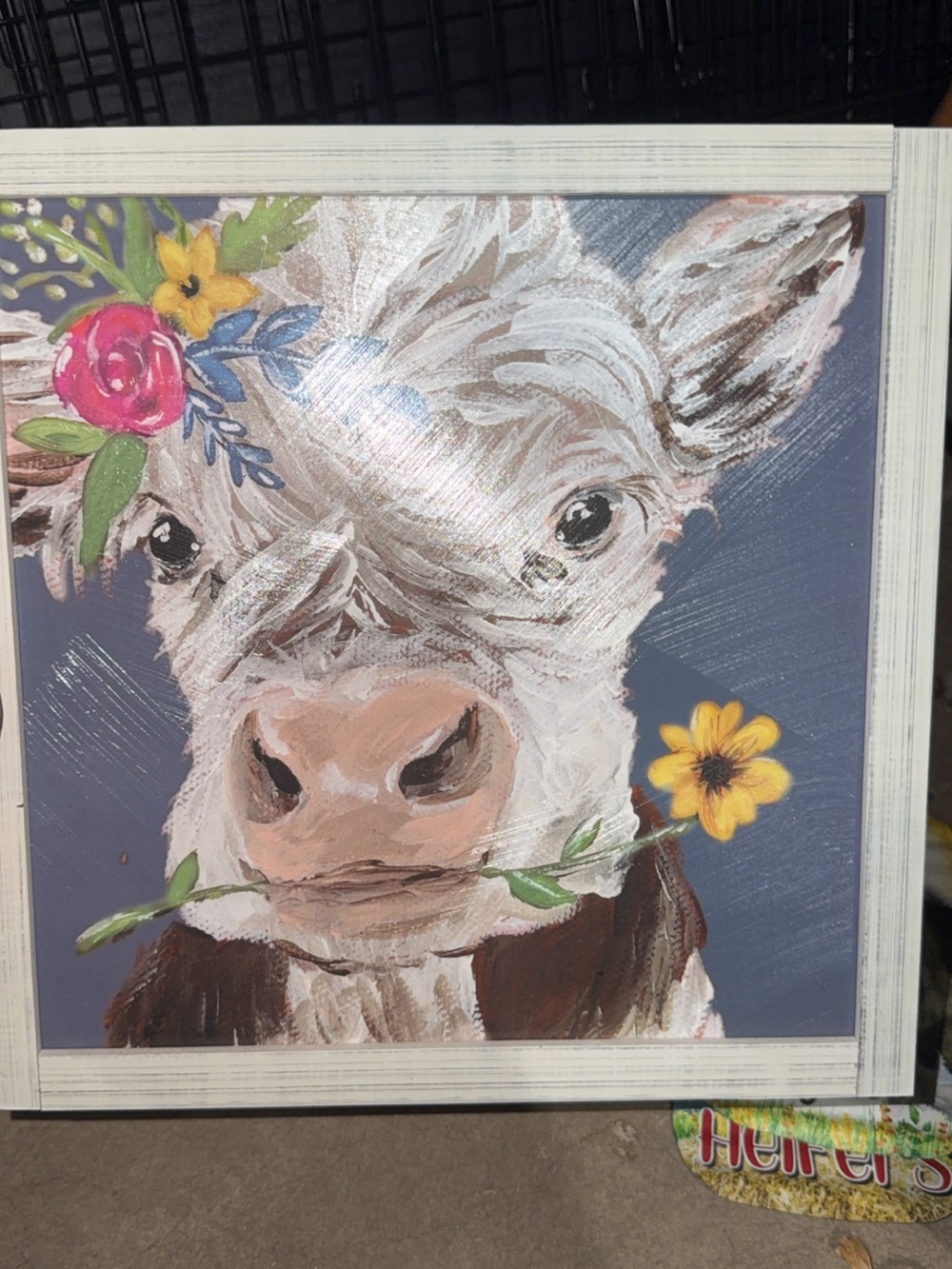 Floral Cow Canvas Wall Art - Gray Background